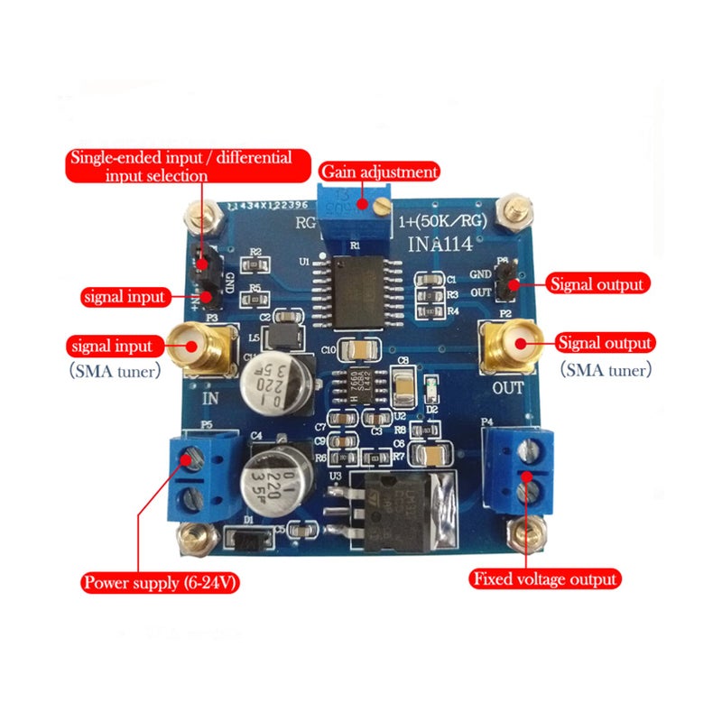 Taidacent INA114 Instrumentation Amplifier 1000 Times Gain Adjustable Single-Supply Operation Single-Ended/Differential Input - Image 4